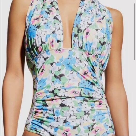 Ganni  Halter One Piece Swimsuit Blue Floral Size 6 New - Picture 4 of 10